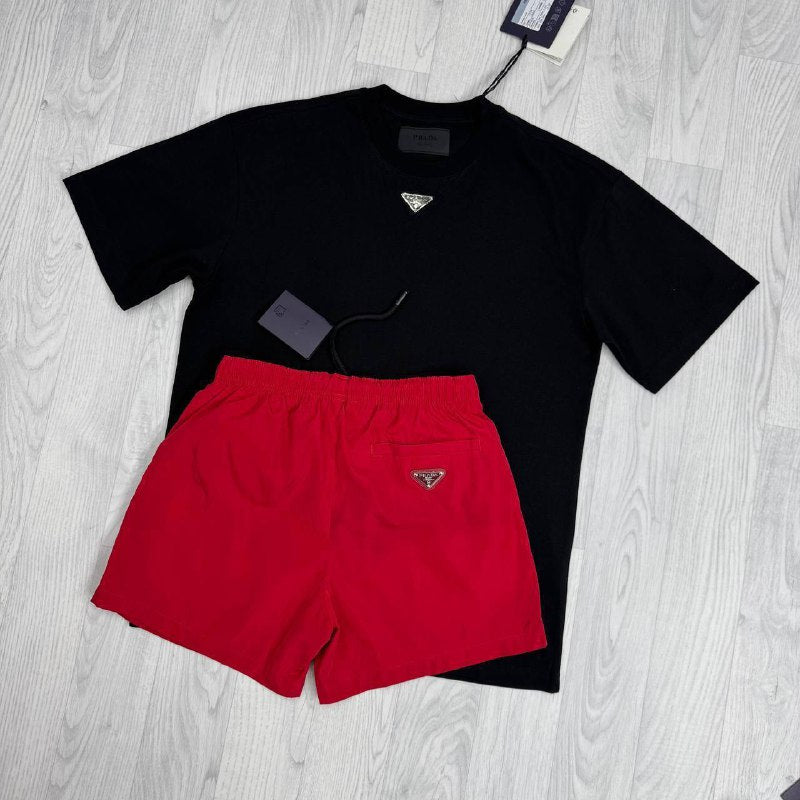Prada Men's Luxury Summer Outfit Enamel Triangle Logo Black T-Shirt & Red Swim Shorts AAA Quality Reps UK