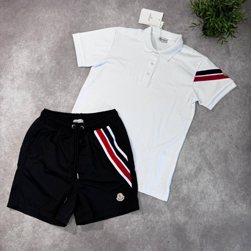 Moncler Men's Tricolor Stripe Polo and Swim Shorts Capsule Set AAA Quality Reps UK