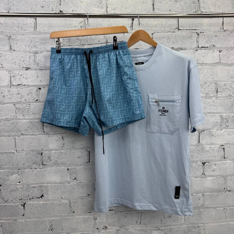 Fendi Men's Luxury Zipper Pocket Tee & Monogram Swim Shorts AAA Quality Reps UK