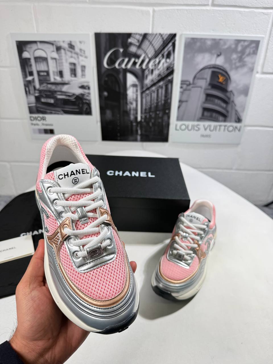 Chanel Fabric Laminated Calfskin Pink/Silver Womens Trainers UK Reps AAA Quality