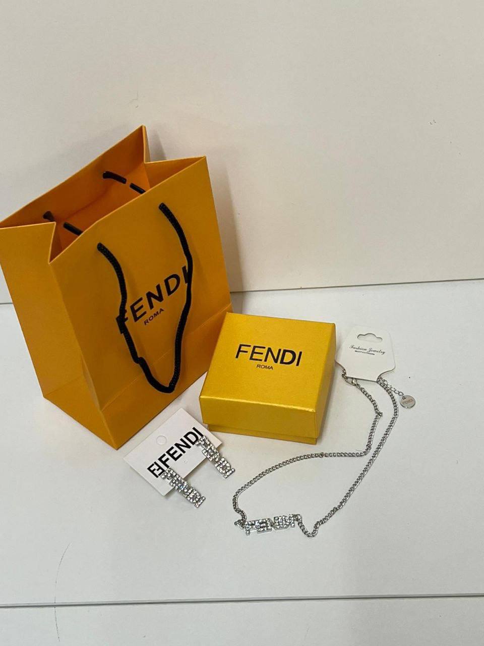 Fendi Roma Rhinestone Script Logo Necklace & Earrings Set Womens UK Reps AAA Quality