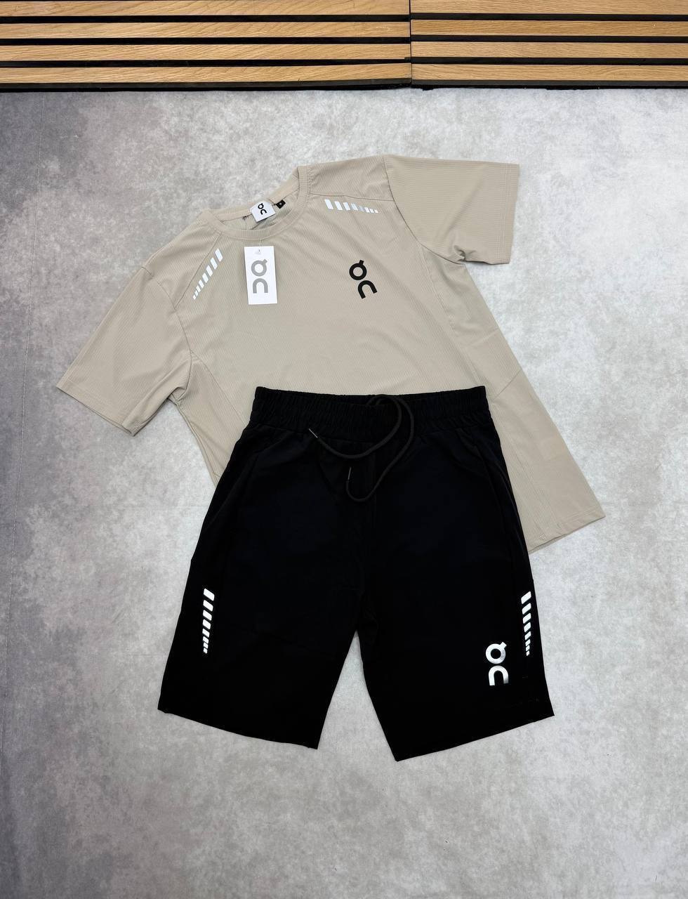 On Cloud Running Khaki Taupe and Black T-Shirts & Shorts Mens UK Reps AAA Quality