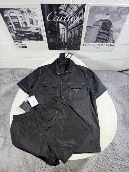 Prada Men's Luxury short-sleeve button-up shirt and Nylon Utility Shorts Set AAA Quality Reps UK