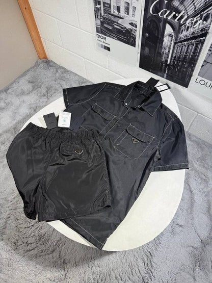Prada Men's Luxury short-sleeve button-up shirt and Nylon Utility Shorts Set AAA Quality Reps UK