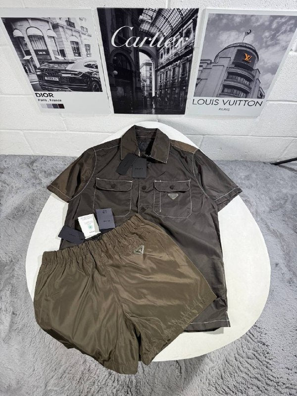Prada Men's Luxury short-sleeve button-up shirt and Nylon Utility Shorts Set AAA Quality Reps UK