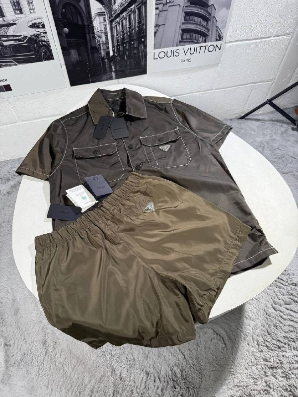 Prada Men's Luxury short-sleeve button-up shirt and Nylon Utility Shorts Set AAA Quality Reps UK