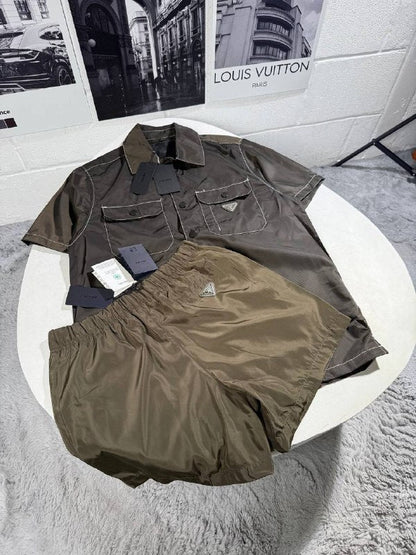 Prada Men's Luxury short-sleeve button-up shirt and Nylon Utility Shorts Set AAA Quality Reps UK