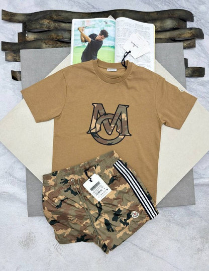 Moncler Men's Luxury T-Shirt and Camouflage Side-Stripe Shorts Set AAA Quality Reps UK