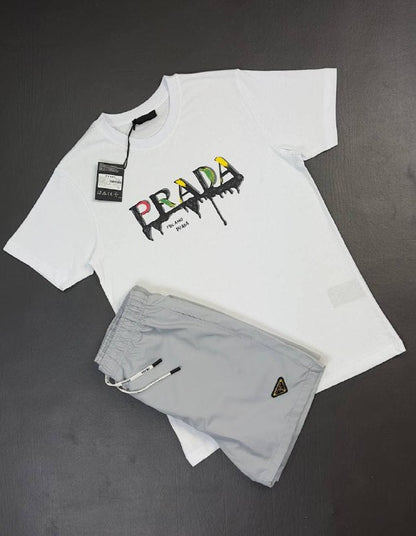 Prada Milano Men's Paint-Splatter Logo Graphic T-Shirt & Shorts Set AAA Quality Reps UK