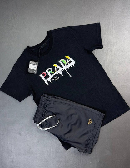 Prada Milano Men's Paint-Splatter Logo Graphic T-Shirt & Shorts Set AAA Quality Reps UK