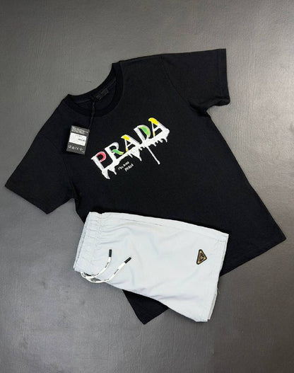 Prada Milano Men's Paint-Splatter Logo Graphic T-Shirt & Shorts Set AAA Quality Reps UK