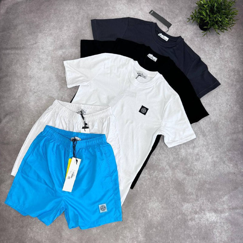 Stone Island Men’s Luxury Summer Compass Patch Cotton T-Shirts & Nylon Swim Shorts AAA Quality Reps UK