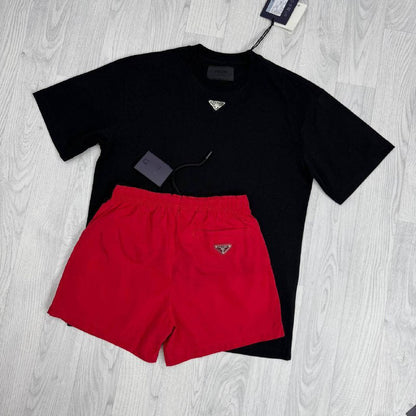 Prada Men's Luxury Summer Outfit Enamel Triangle Logo Black T-Shirt & Red Swim Shorts  AAA Quality Reps UK