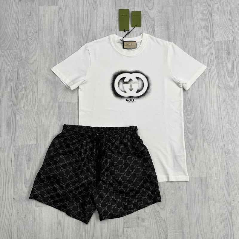 Gucci Men's Luxury Summer Outfit Set Interlocking G Spray Tee & GG Monogram Shorts AAA Quality Reps UK Quality Reps UK