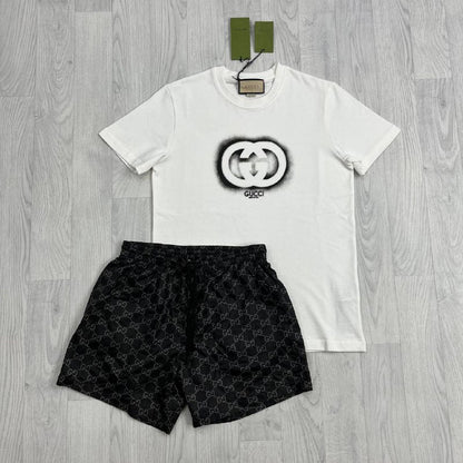 Gucci Men's Luxury Summer Outfit Set Interlocking G Spray Tee & GG Monogram Shorts AAA Quality Reps UK Quality Reps UK