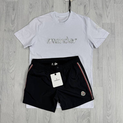Moncler Men's Matching Luxury Summer Script Tee & Tricolor Swim Shorts AAA Quality Reps UK