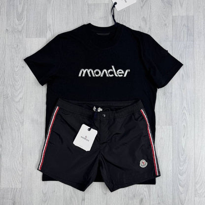 Moncler Men's Matching Luxury Summer Script Tee & Tricolor Swim Shorts AAA Quality Reps UK