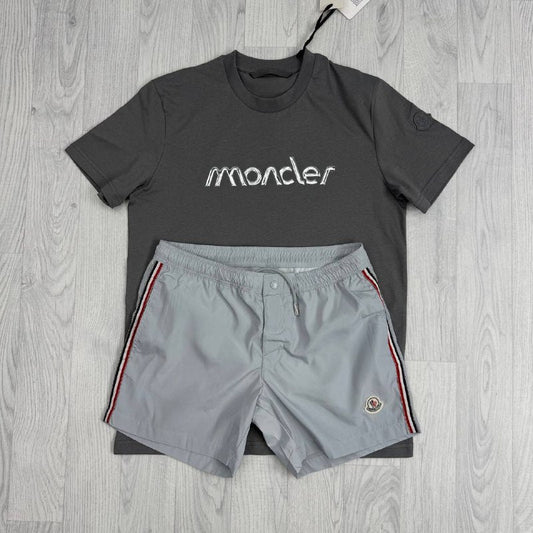 Moncler Men's Matching Luxury Summer Script Tee & Tricolor Swim Shorts AAA Quality Reps UK