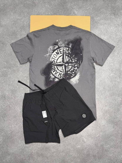 Stone Island Men’s Luxury Casual Set Abstract Back Logo Grey T-Shirt & Swim Shorts AAA Quality Reps UK