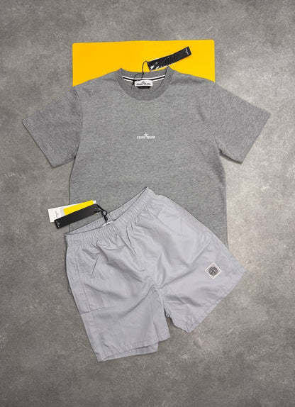 Stone Island Men’s Luxury Casual Set Abstract Back Logo Grey T-Shirt & Swim Shorts AAA Quality Reps UK
