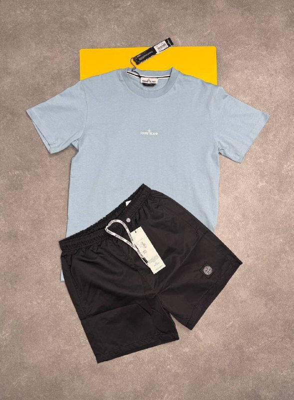 Stone Island Men’s Luxury Casual Set Abstract Back Logo Grey T-Shirt & Swim Shorts AAA Quality Reps UK