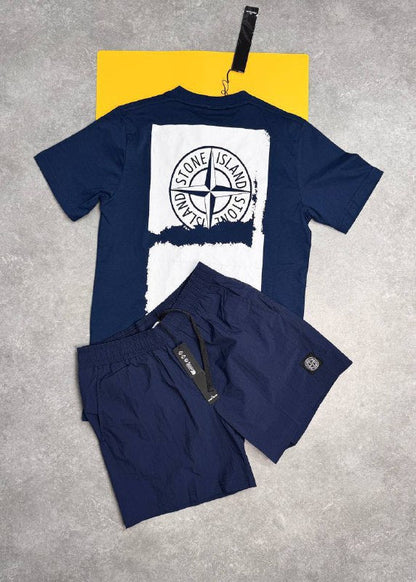 Stone Island Men’s Luxury Casual Set Abstract Back Logo Grey T-Shirt & Swim Shorts AAA Quality Reps UK