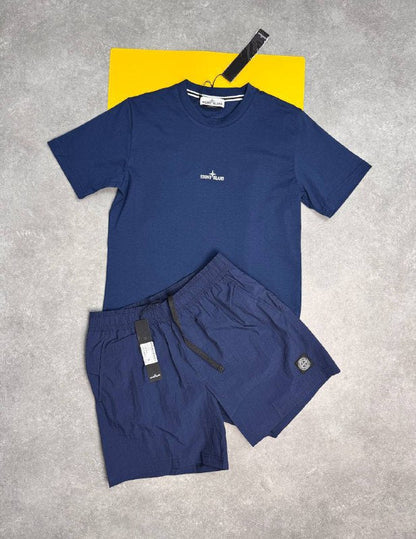 Stone Island Men’s Luxury Casual Set Abstract Back Logo Grey T-Shirt & Swim Shorts AAA Quality Reps UK