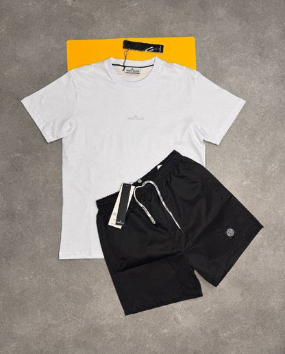 Stone Island Men’s Luxury Casual Set Abstract Back Logo Grey T-Shirt & Swim Shorts AAA Quality Reps UK