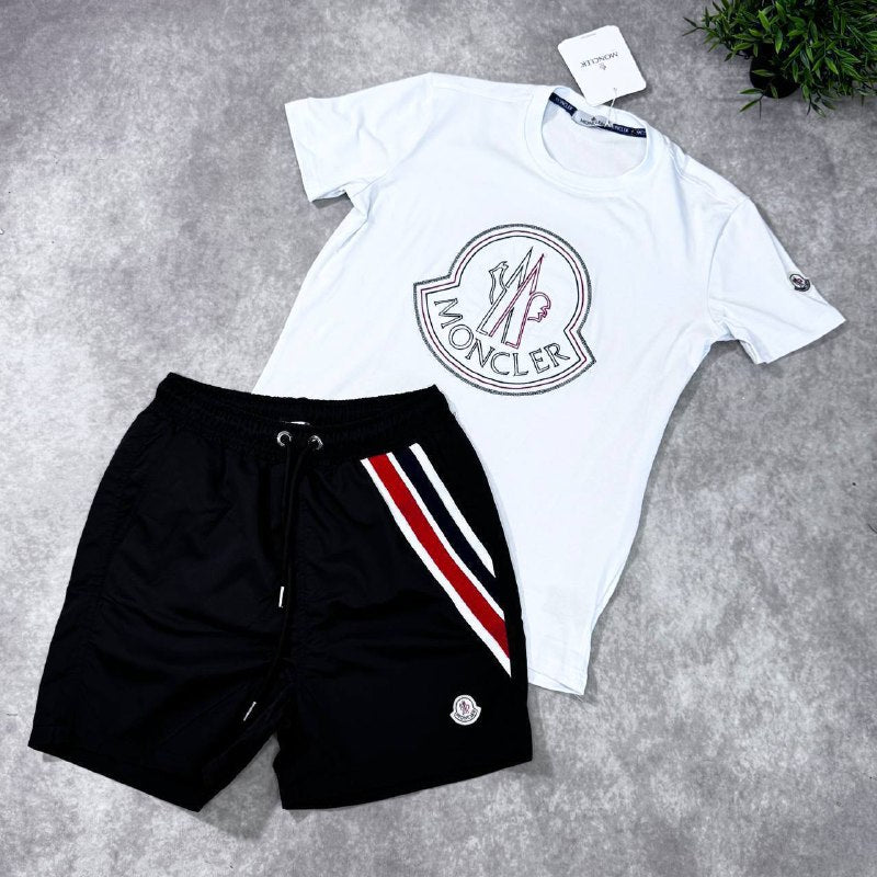 Moncler Men's Big Logo Graphic Tee and Tricolor Swim Shorts Set AAA Quality Reps UK