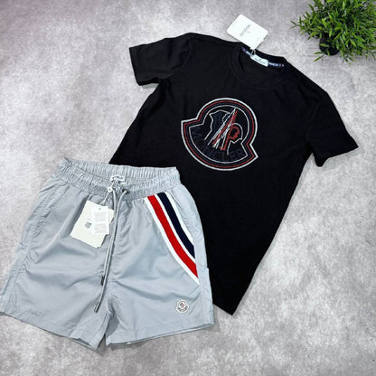 Moncler Men's Big Logo Graphic Tee and Tricolor Swim Shorts Set AAA Quality Reps UK