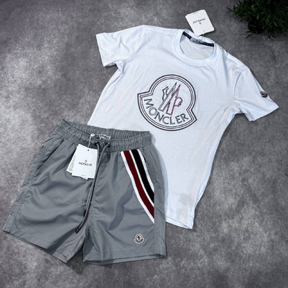 Moncler Men's Big Logo Graphic Tee and Tricolor Swim Shorts Set AAA Quality Reps UK