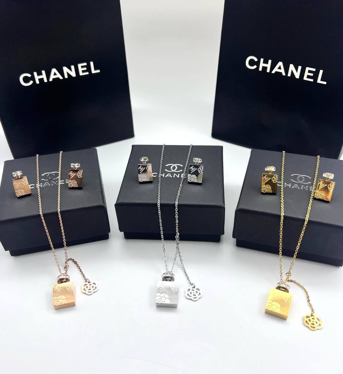 Chanel No. 5 Miniature Perfume Bottle Pendant Necklace and Earring Gift Set AAA Quality Reps UK