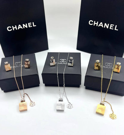 Chanel No. 5 Miniature Perfume Bottle Pendant Necklace and Earring Gift Set AAA Quality Reps UK