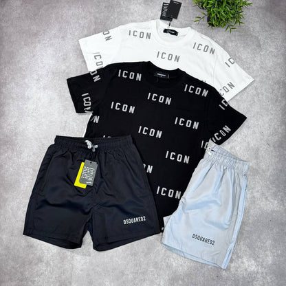 Dsquared2 'ICON' All-Over Print T-Shirt and Swim Shorts Summer Set AAA Quality Reps UK