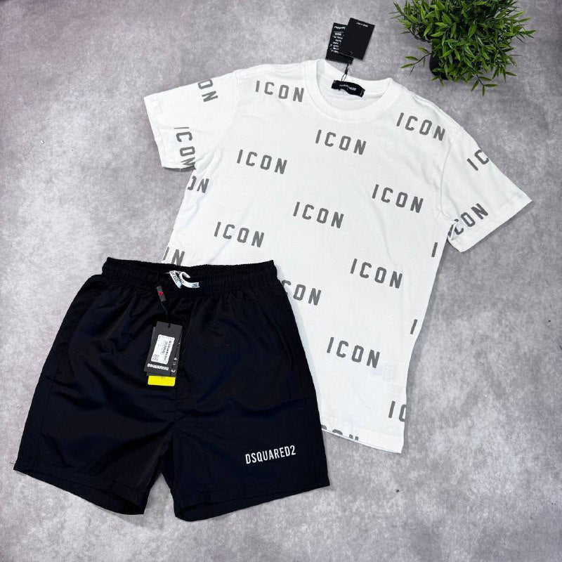 Dsquared2 'ICON' All-Over Print T-Shirt and Swim Shorts Summer Set AAA Quality Reps UK