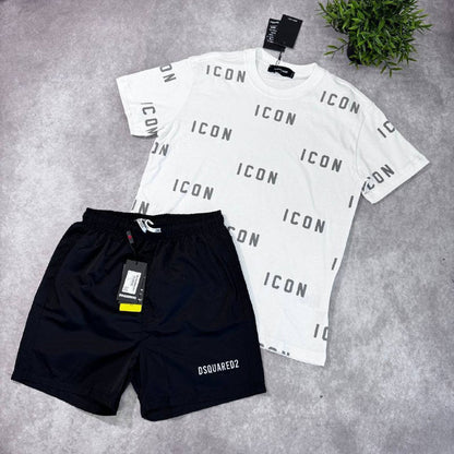 Dsquared2 'ICON' All-Over Print T-Shirt and Swim Shorts Summer Set AAA Quality Reps UK