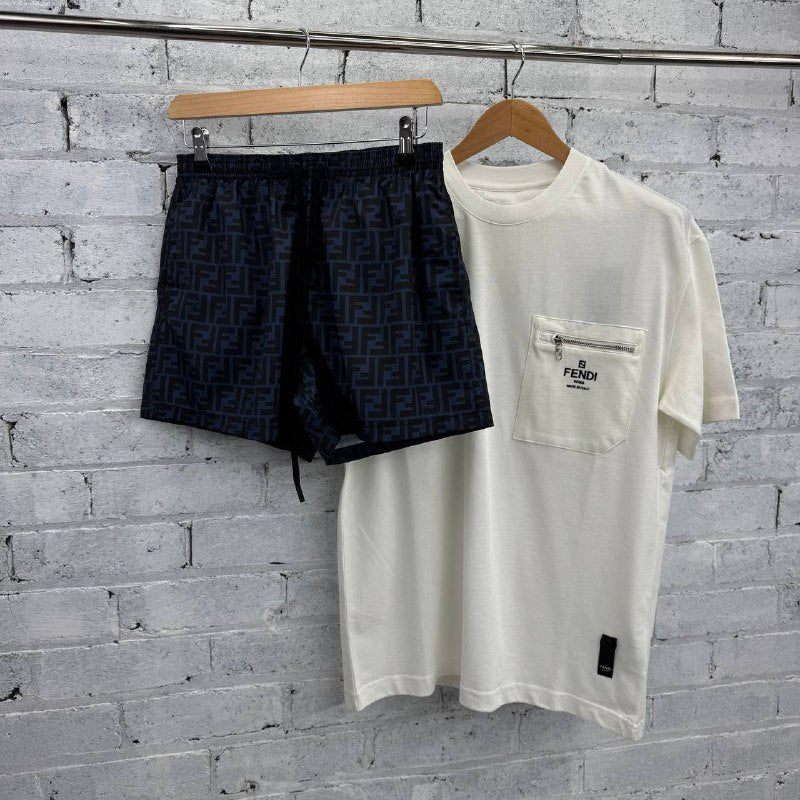 Fendi Men's Luxury Zipper Pocket Tee & Monogram Swim Shorts AAA Quality Reps UK