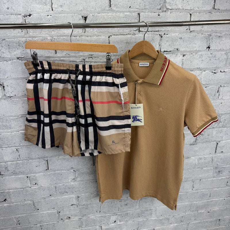Burberry Men's Intarsia Logo Polo Shirt & Vintage Check Swim Trunks Set AAA Quality Reps UK