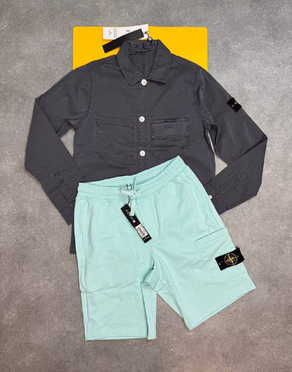 Stone Island Men's Garment-Dyed Compass Patch Overshirt & Fleece Shorts Set AAA Quality Reps UK
