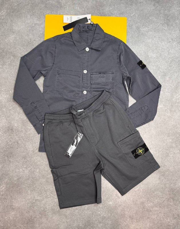Stone Island Men's Garment-Dyed Compass Patch Overshirt & Fleece Shorts Set AAA Quality Reps UK
