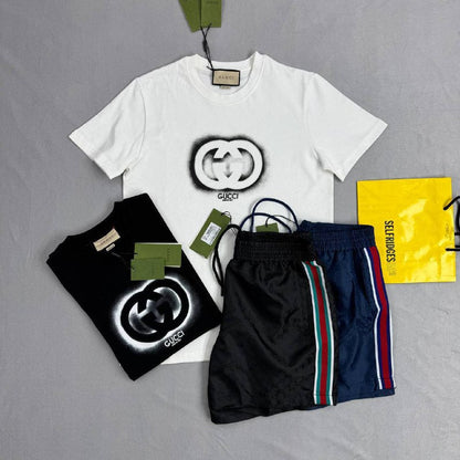 Gucci Men's Interlocking Sprayed GG Logo Tee & Web Stripe Shorts Set AAA Quality Reps UK