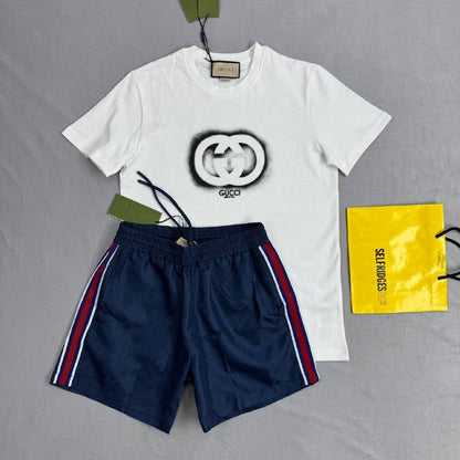Gucci Men's Interlocking Sprayed GG Logo Tee & Web Stripe Shorts Set AAA Quality Reps UK