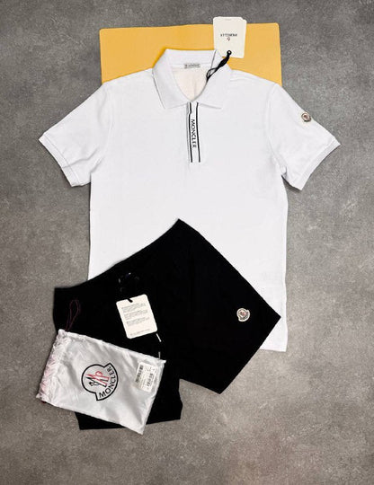 Moncler Men's White Logo Placket Polo and Black Shorts 2-Piece Set AAA Quality Reps UK