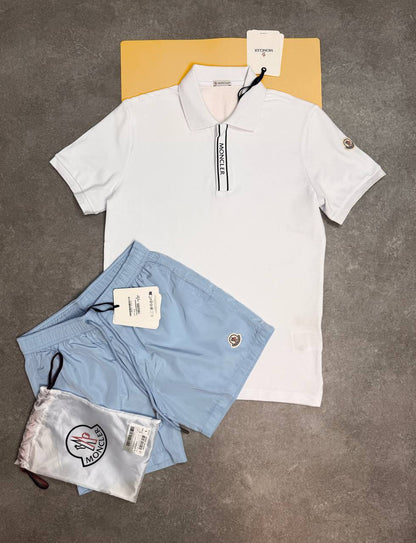 Moncler Men's White Logo Placket Polo and Black Shorts 2-Piece Set AAA Quality Reps UK