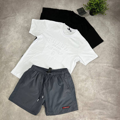 Prada Luxury Casual Summer Set Men's Embossed Logo T-Shirts and Nylon Shorts Combo AAA Quality Reps UK