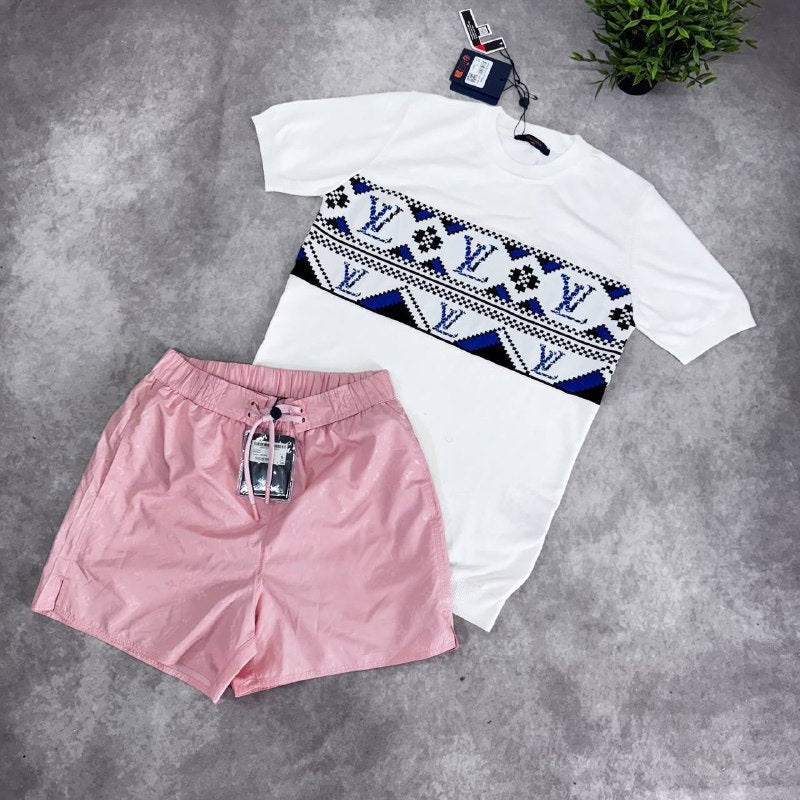 Louis Vuitton Men's Luxury Geometric Monogram Knit T-Shirts and Casual Shorts Set AAA Quality Reps UK