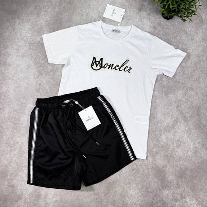 Moncler Men's Script Logo T-Shirts and Stripe Accent Shorts Set AAA Quality Reps UK