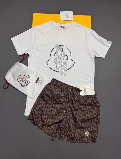 Moncler Men's Luxury Sketch Graphic Tee & Monogram Swim Shorts Set AAA Quality Reps UK
