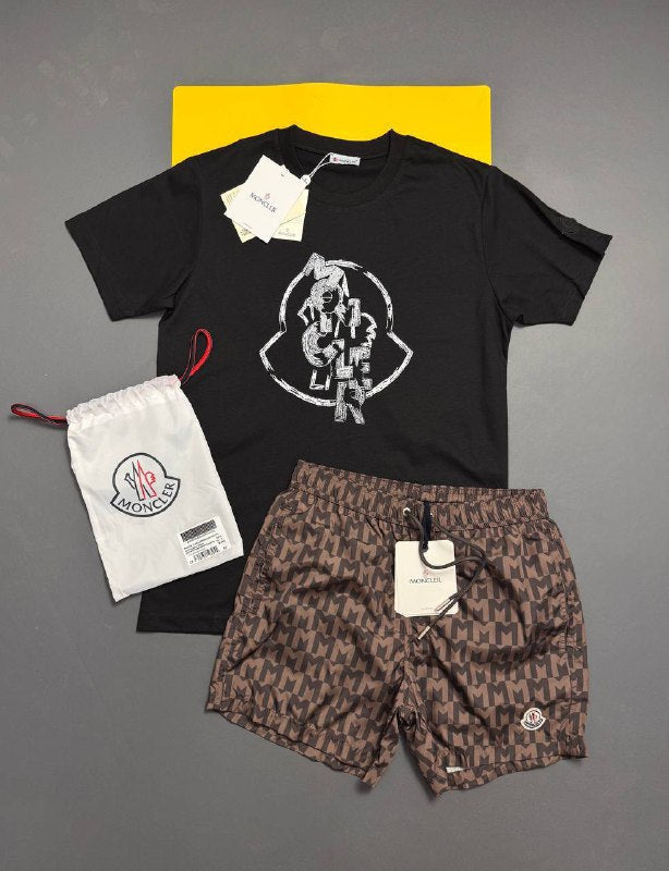 Moncler Men's Luxury Sketch Graphic Tee & Monogram Swim Shorts Set AAA Quality Reps UK