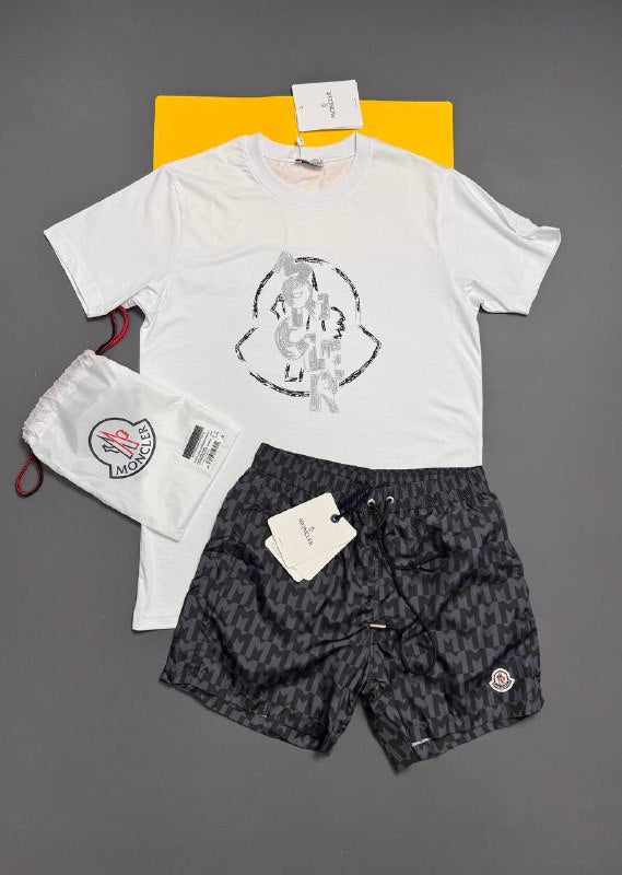Moncler Men's Luxury Sketch Graphic Tee & Monogram Swim Shorts Set AAA Quality Reps UK